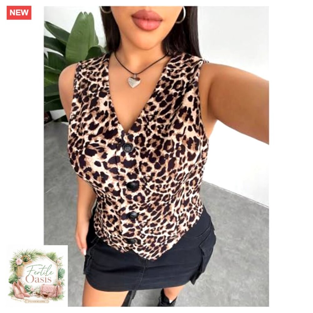 Plus Size Leopard Print Vest Button Front Sleevel… - image 4